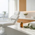 ¿Se puede hacer un injerto capilar con colesterol alto? Sala de valoración premium en Clínica Frontela Huelva con vial de análisis y ramo de olivo simbolizando salud cardiovascular sobre toalla blanca para la evaluación capilar de pacientes con colesterol alto