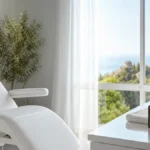 ¿Se puede hacer un injerto capilar con dermatitis seborreica? Sala de valoración premium en Clínica Frontela Huelva con botella de champú dermatológico sobre toalla blanca para la evaluación capilar de pacientes con dermatitis seborreica