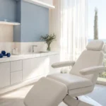 ¿Cuándo se puede hacer ejercicio después de un injerto capilar? Sala de valoración premium en Clínica Frontela Huelva con mancuernas sobre toalla blanca para planificar la vuelta al deporte tras el trasplante capilar