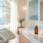 ¿Se puede hacer un injerto capilar con hepatitis? Sala de valoración premium en Clínica Frontela Huelva con vial de ámbar y ramo de olivo simbolizando salud hepática sobre toalla blanca para la evaluación capilar de pacientes con hepatitis