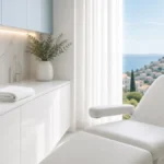 ¿Se puede hacer un injerto capilar con psoriasis en el cuero cabelludo? Sala de valoración premium en Clínica Frontela Huelva con escultura de cristal simbolizando capas de piel para la evaluación capilar de pacientes con psoriasis