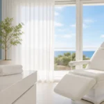 ¿Cuándo se puede tomar el sol después de un injerto capilar? Sala de valoración premium en Clínica Frontela Huelva con protector solar SPF 50 sobre toalla blanca para la protección solar postoperatoria del trasplante capilar